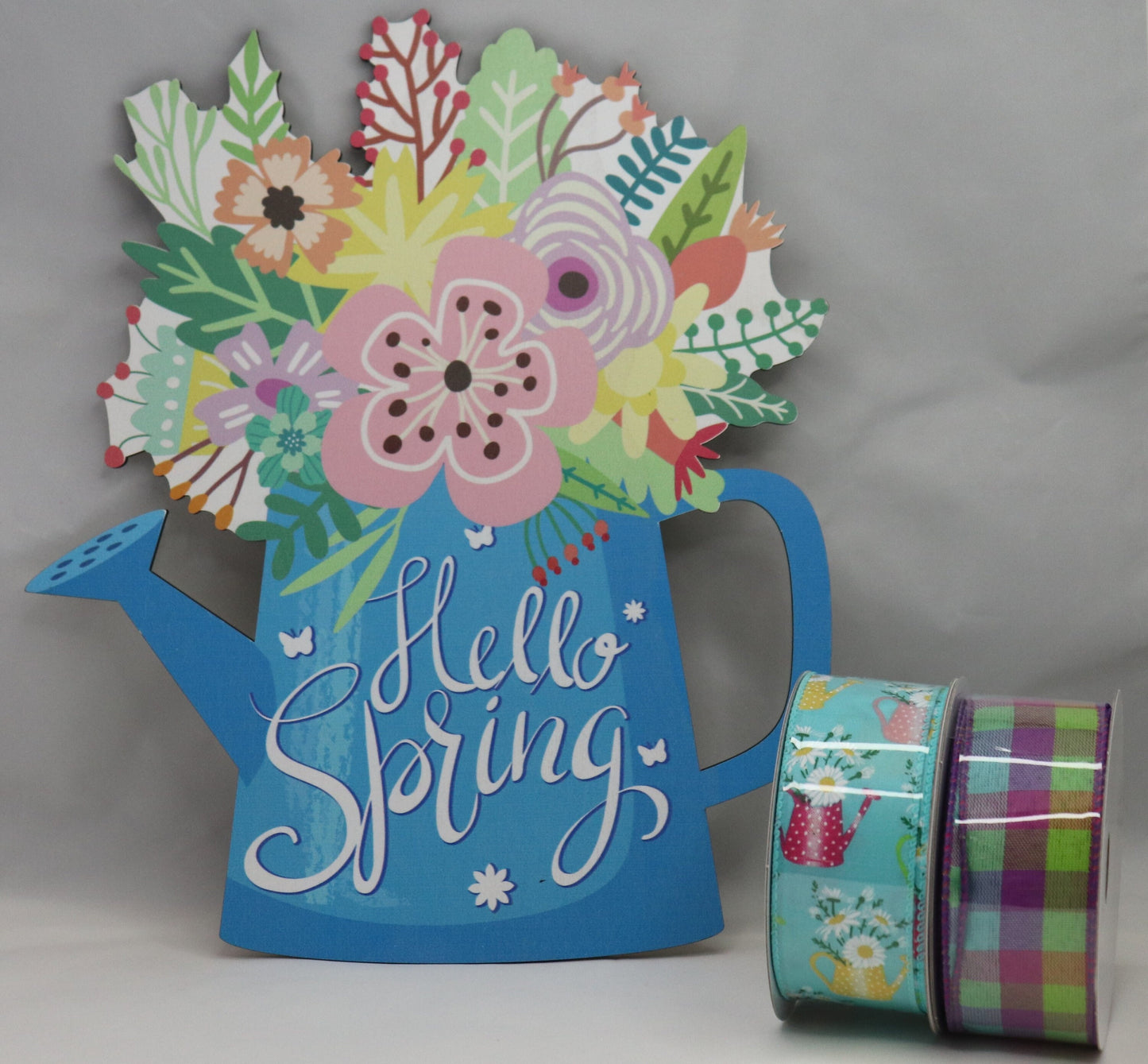 Wreath Sign Hello Spring Watering Can with Flowers and Ribbon