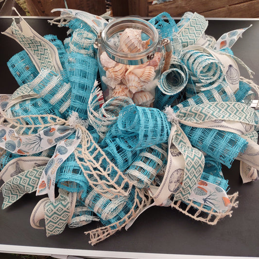 Beach, Seashells, Lightning Whelk Deco Mesh Centerpiece