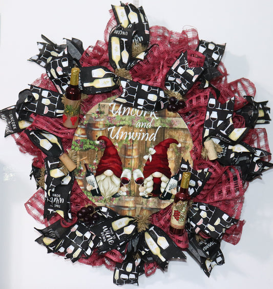 Uncork and Unwind - Gnomes with Wine and Wine Glasses - Cranberry Red and Black Wreath