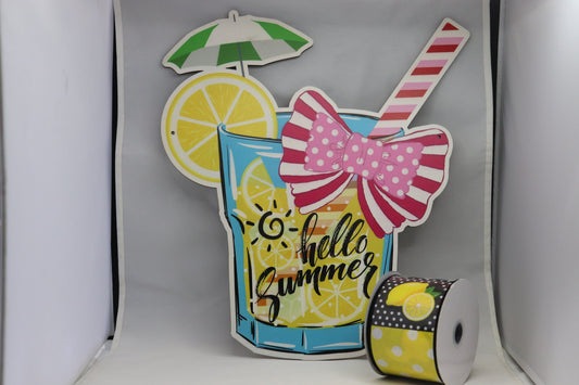 Wreath Sign Lemon Hello Summer Glass and Ribbon, Yellow