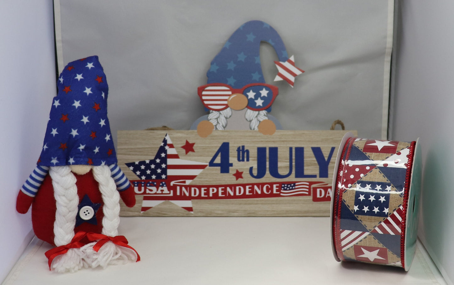 Wreath Sign 4th of July Gnome, Patriotic, Ribbon, Red, White, and Blue