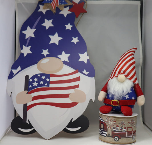 Wreath Sign 4th Of July Gnome, Patriotic, Plush Gnome and Ribbon