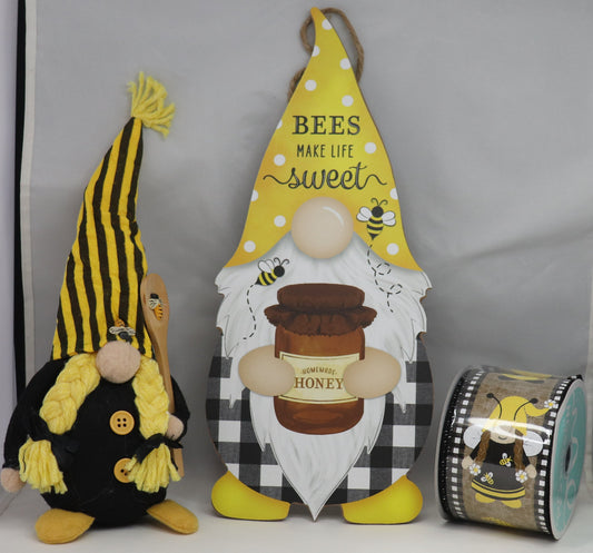 Wreath Sign Gnome Bees Make Life Sweet, Plush Gnome, and Ribbon