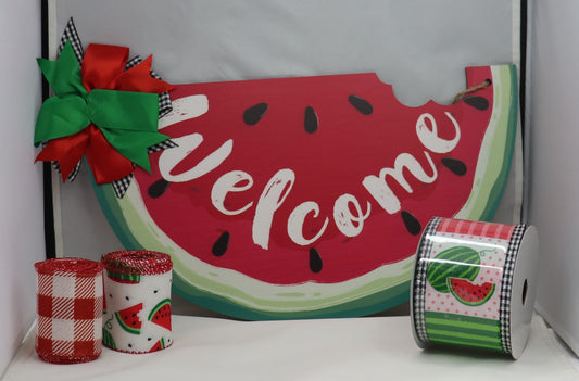 Wreath Sign Welcome Watermelon and Ribbon, Red