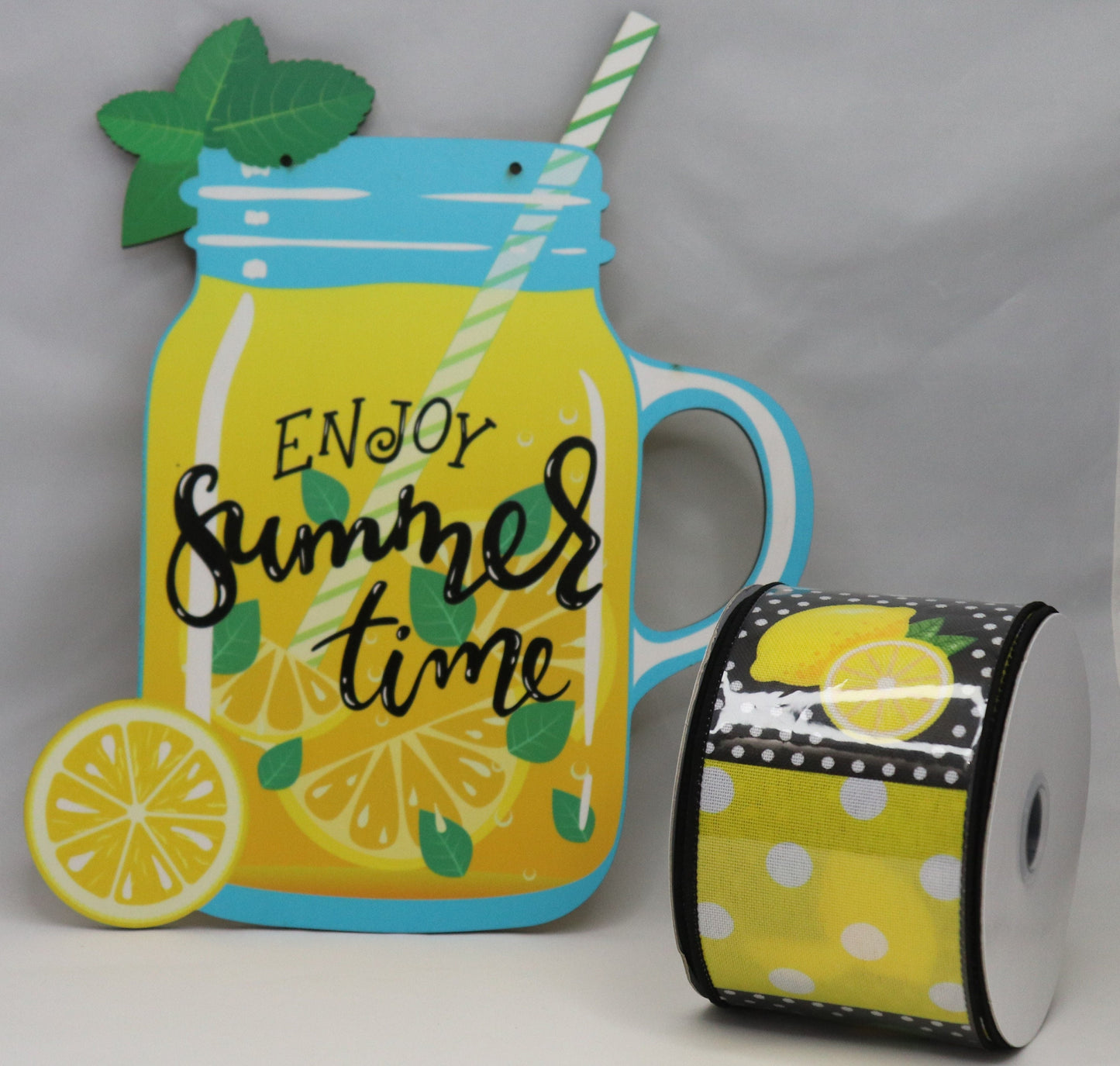 Wreath Sign Lemon Mason Jar Summer Time and Ribbon, Yellow