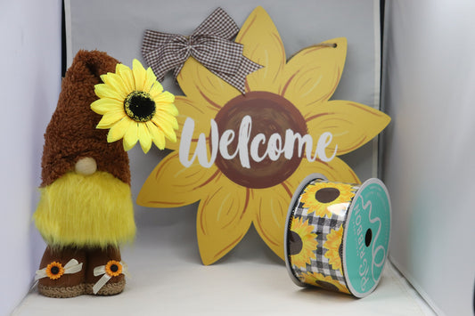 Wreath Sign Sunflower Welcome, Plush Gnome, and Ribbon