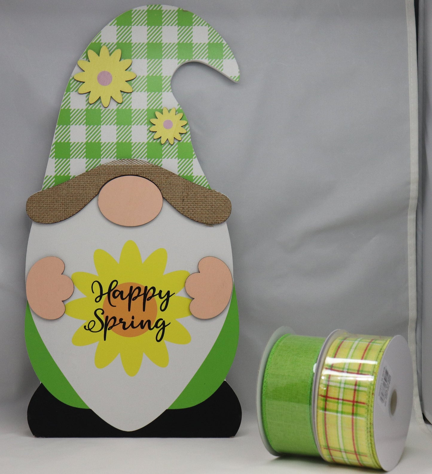 Wreath Sign Happy Spring Gnome and Ribbon