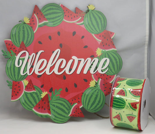 Wreath Sign Welcome Watermelon and Ribbon