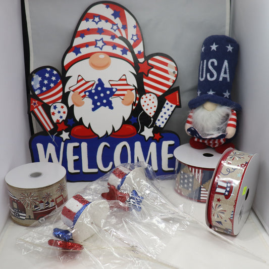 Wreath Sign Welcome 4th of July Gnome, Plush Gnome, Ribbon, Picks