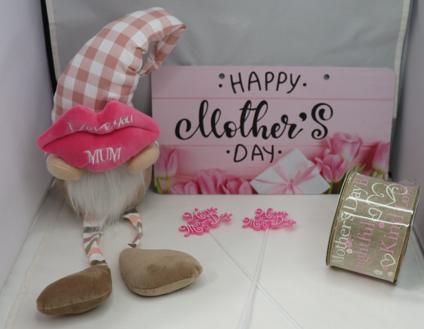 Wreath Sign Happy Mother's Day, Plush Gnome, Ribbon, and Picks