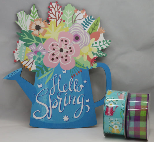 Wreath Sign Hello Spring Watering Can with Flowers and Ribbon