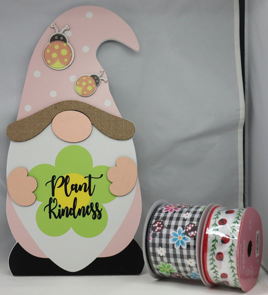 Wreath SIgn Spring Ladybug Gnome Plant Kindness and Ribbon