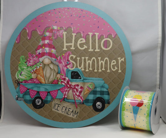 Wreath Sign Hello Summer Gnome Ice Cream and Ribbon