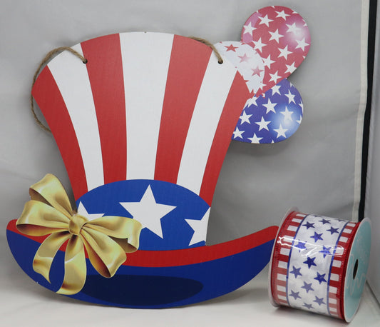 Wreath Sign 4th of July Patriotic Hat with Balloons Sign, and Ribbon