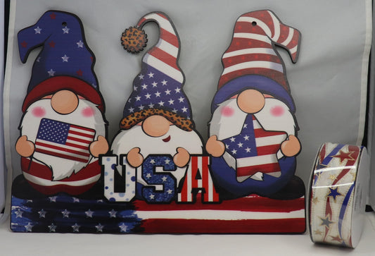 Wreath Sign 4th of July USA Patriotic Gnomes Sign and Ribbon