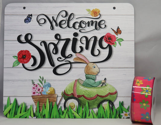 Wreath Sign Welcome Spring Sign and Ribbon