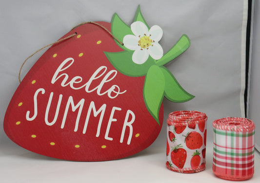 Wreath Sign Hello Summer Strawberry and Ribbon