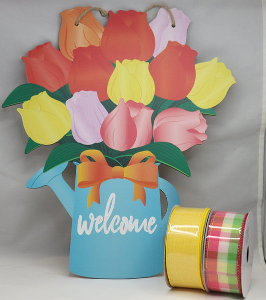 Wreath Sign Tulip Welcome Watering Can and Ribbon