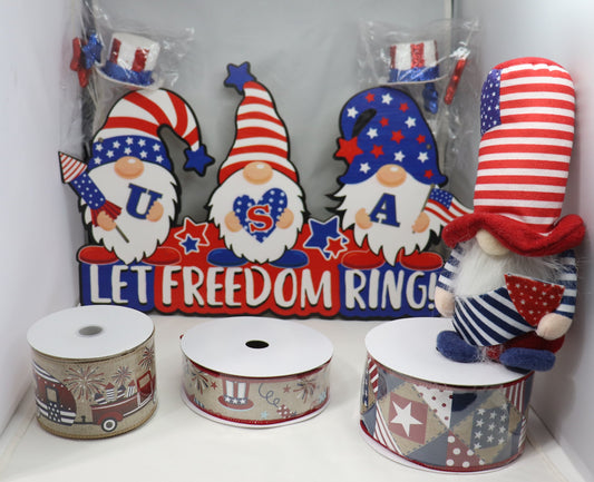 Wreath Sign 4th of July Gnome Let Freedom Ring, Plush Gnome, Ribbon, and Picks