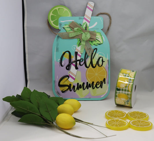 Wreath Sign Hello Summer Mason Jar, Lemon, Lime, Ribbon, Picks