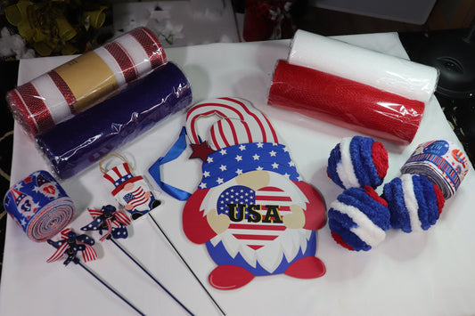 4th of July Gnome Wreath Kit, Deco Mesh Wreath Kit, Patriotic, Red, White, Blue