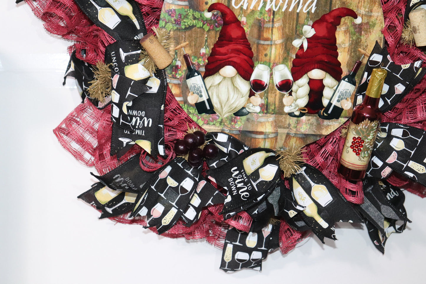 Uncork and Unwind - Gnomes with Wine and Wine Glasses - Cranberry Red and Black Wreath