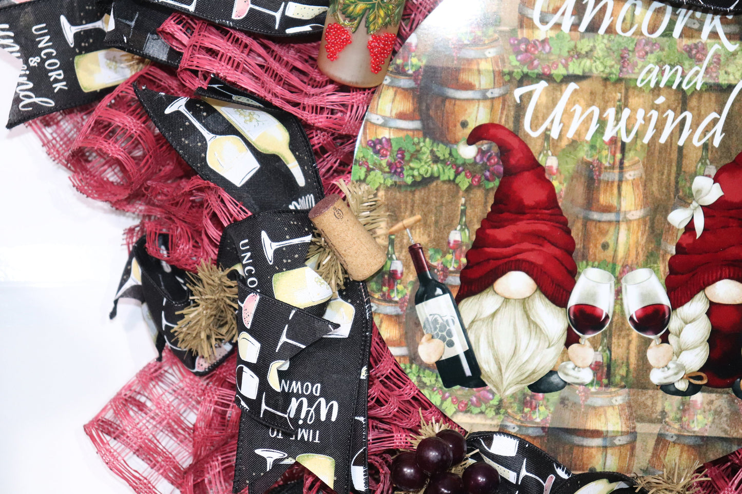 Uncork and Unwind - Gnomes with Wine and Wine Glasses - Cranberry Red and Black Wreath