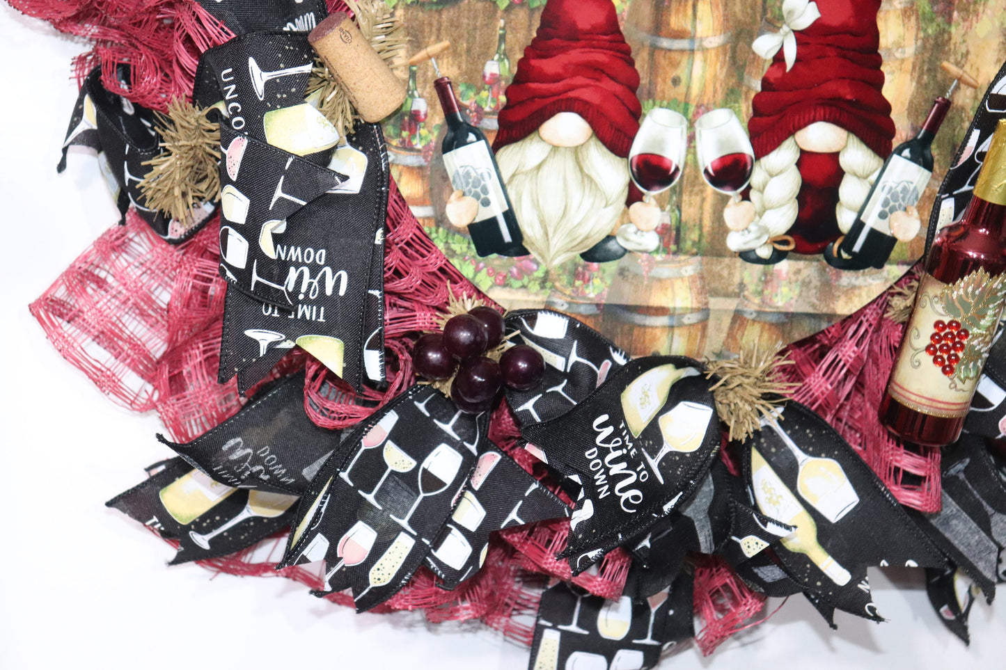 Uncork and Unwind - Gnomes with Wine and Wine Glasses - Cranberry Red and Black Wreath