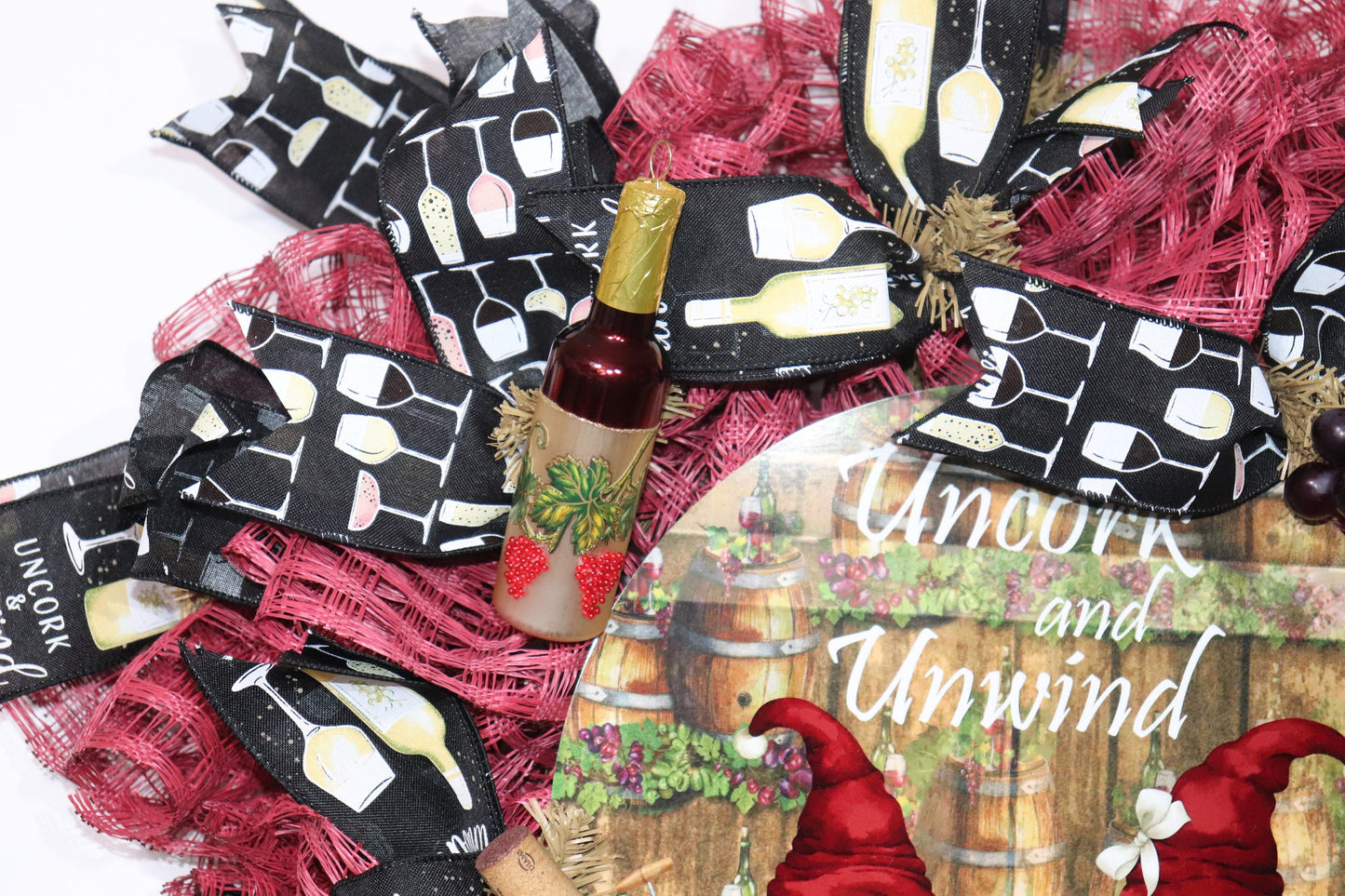 Uncork and Unwind - Gnomes with Wine and Wine Glasses - Cranberry Red and Black Wreath