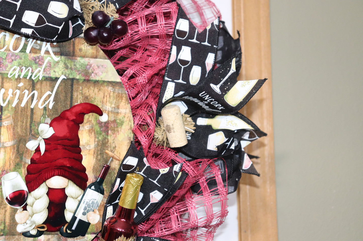 Uncork and Unwind - Gnomes with Wine and Wine Glasses - Cranberry Red and Black Wreath