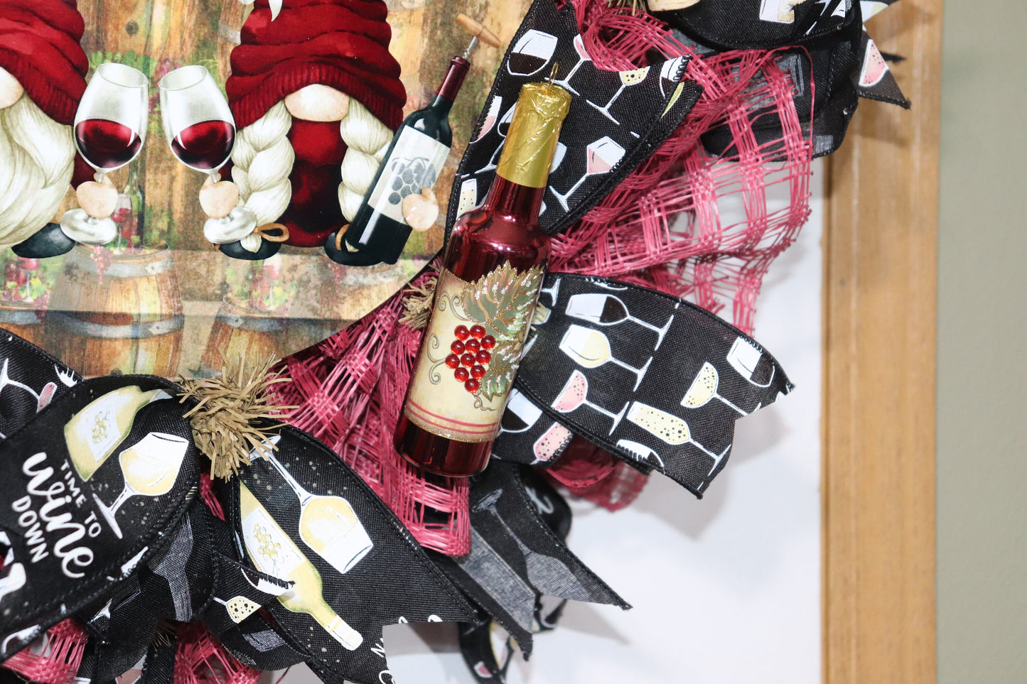 Uncork and Unwind - Gnomes with Wine and Wine Glasses - Cranberry Red and Black Wreath