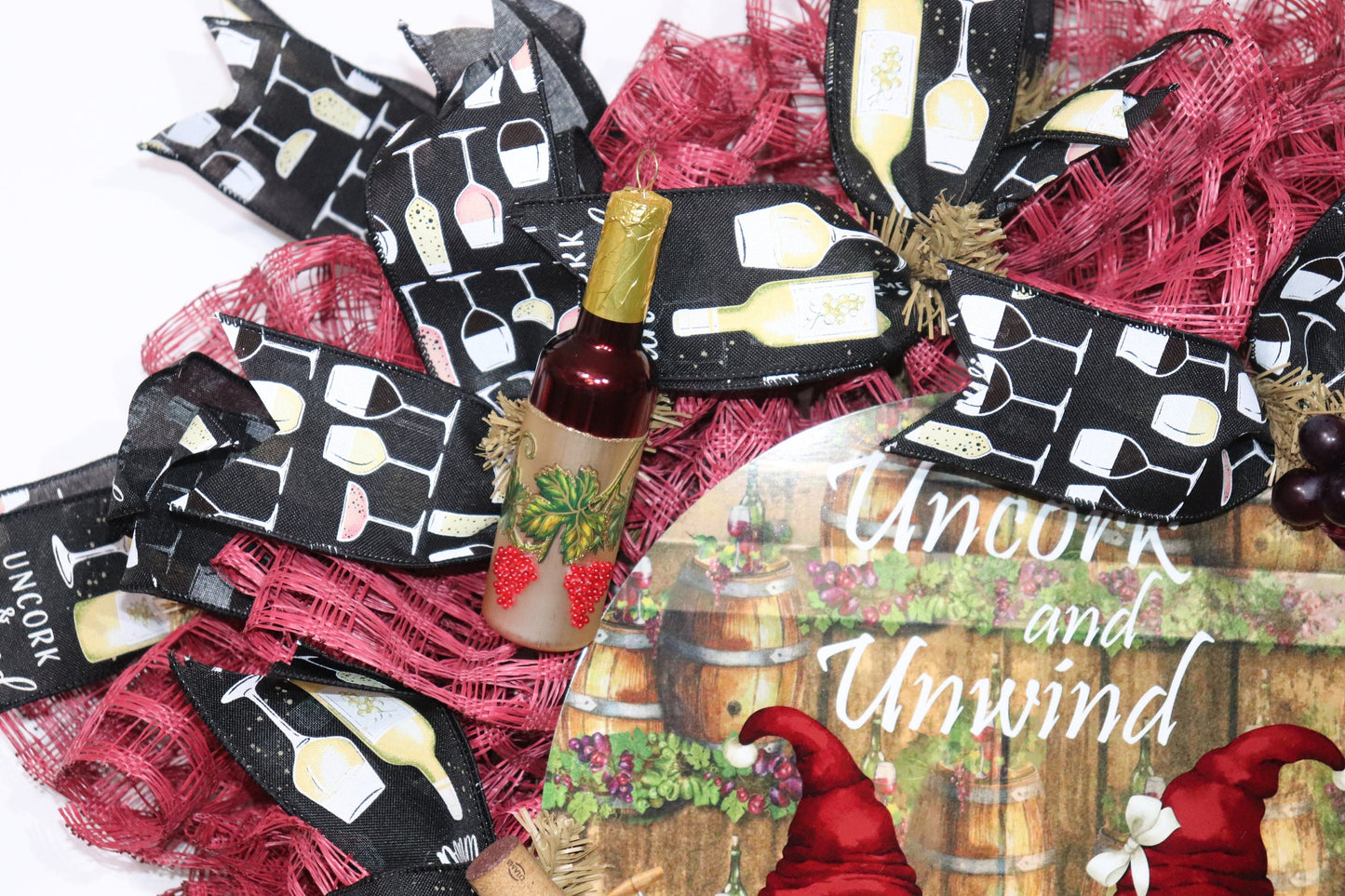 Uncork and Unwind - Gnomes with Wine and Wine Glasses - Cranberry Red and Black Wreath